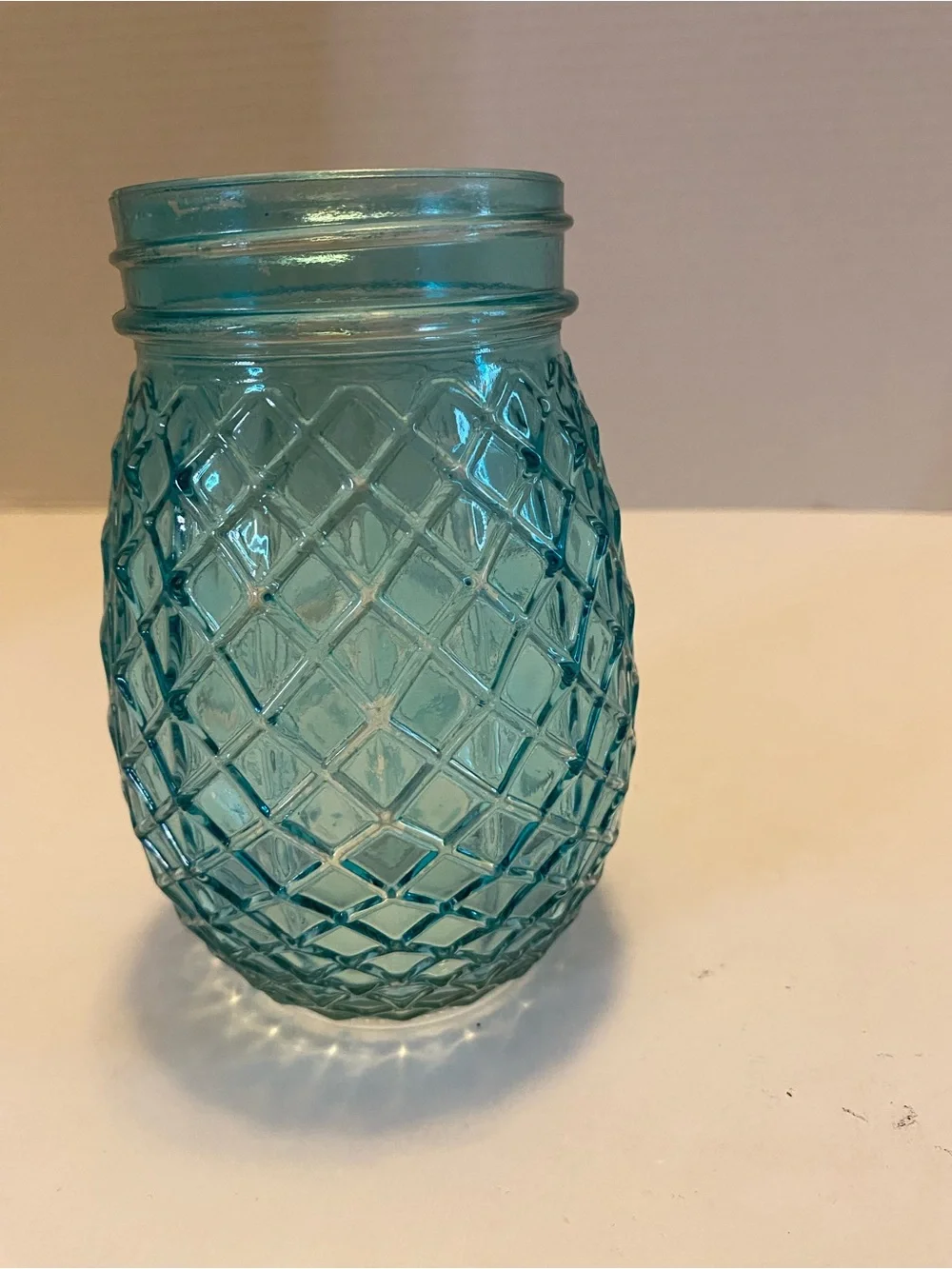 Vintage Style Blue Glass Flower  Jar with Grid Like A Pineapple No Lid
